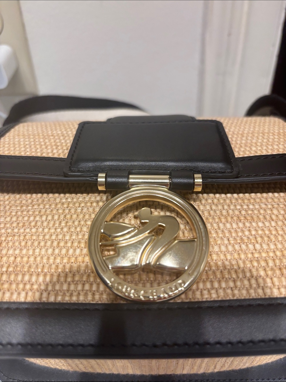 Longchamp Woven Straw Crossbody Bag with Black Trim and Gold Accent - Picture 9 of 12
